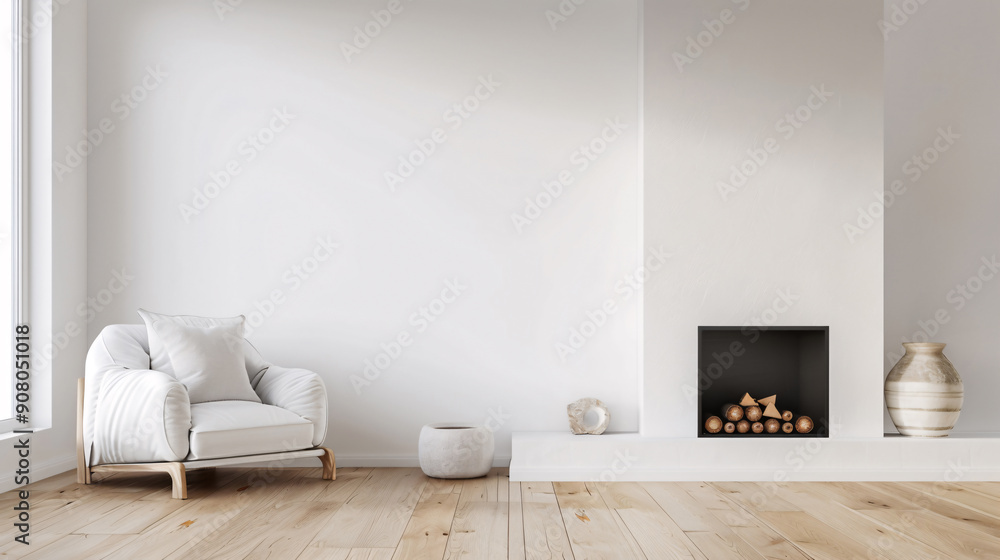Modern minimalist living room with a cozy armchair, wooden floor, and simple decor, bathed in natural light. Modern minimalist living room with a cozy armchair, wooden floor, and simple decor, bathed in natural light.