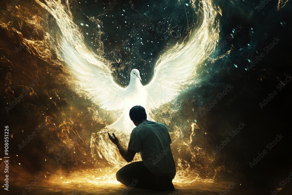 Obraz premium Pentecost concept art. Glowing white dove of the holy spirit descending upon a young christian man. Man on his knees receiving the holy ghost symbolized by a white glowing dove of fire, ai