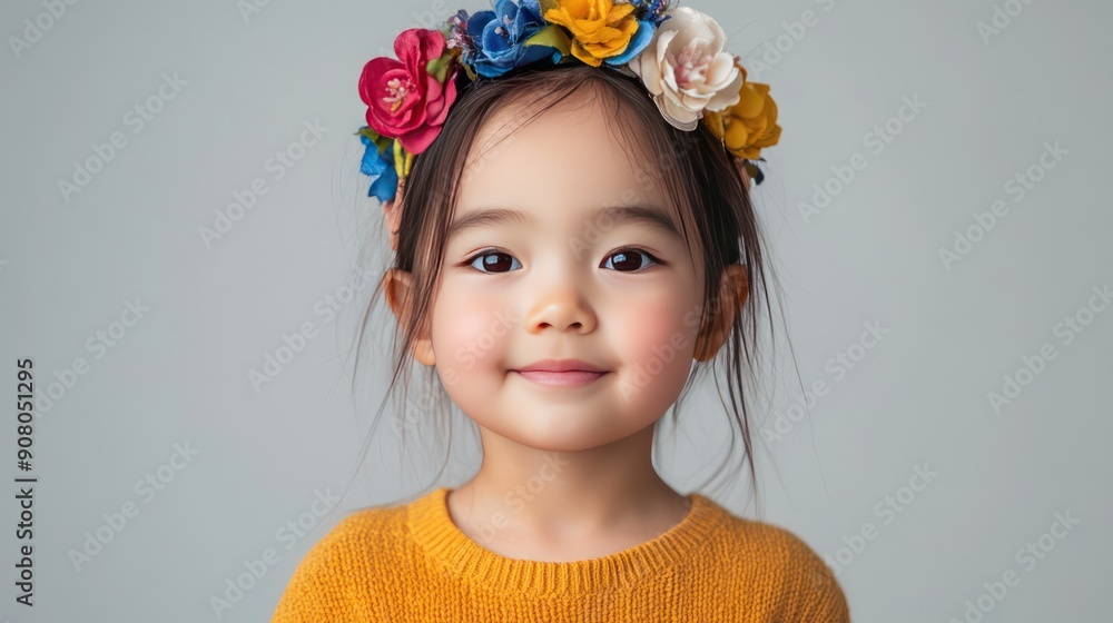 Asian girl toddler wearing a floral headband, isolated white background Asian girl toddler wearing a floral headband, isolated white background