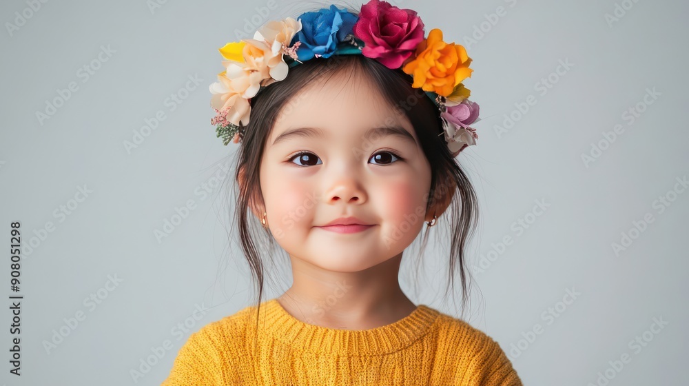 Asian girl toddler wearing a floral headband, isolated white background Asian girl toddler wearing a floral headband, isolated white background