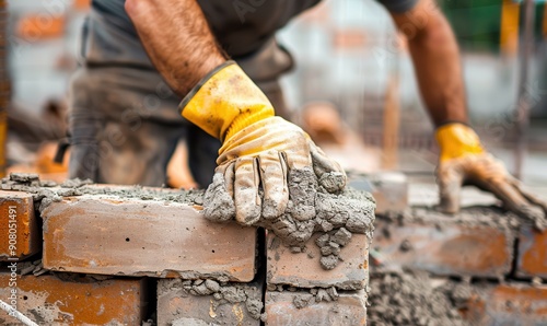 Construction worker laying bricks, hands protected by gloves, focused on building.