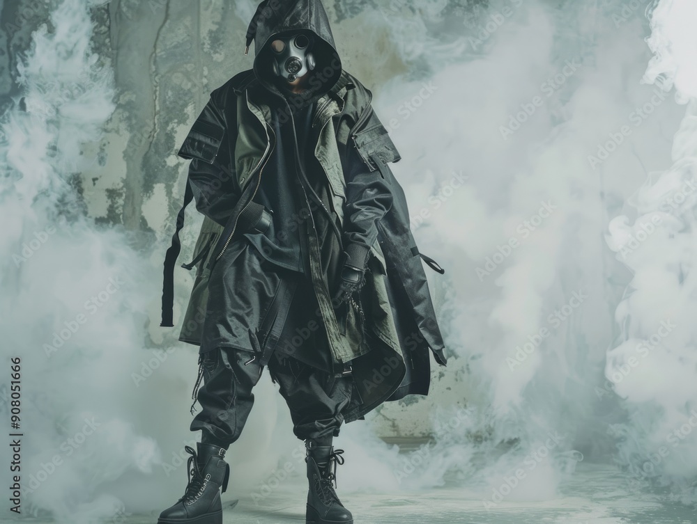 Fototapeta premium Medium shot of The man put on a black hood and an old, disheveled, torn cloak, black boots, and a black respirator mask, themed background, bright tonality, in the style of fashion photography.