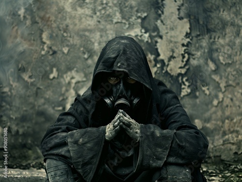 Medium shot of The man put on a black hood and an old, disheveled, torn cloak, black boots, and a black respirator mask, themed background, bright tonality, in the style of fashion photography.
