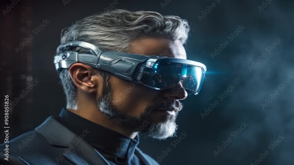 future technology and science fiction concept - man with digital glasses future technology and science fiction concept - man with digital glasses