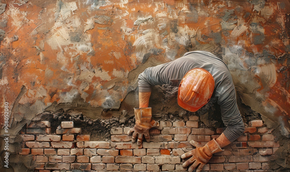 Construction worker laying bricks, hands protected by gloves, focused on building. Construction worker laying bricks, hands protected by gloves, focused on building.