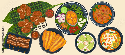 Set of vector banner illustrations with flat letters. Delicious food. Thai food, such as red curry, tom yam, and fried fish Cooking from top view, recipes, menus, restaurants for food design, posters.