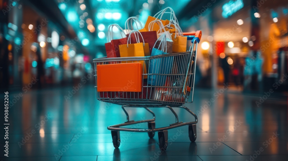 shopping cart full of shopping bags, dark lighted shopping mall shopping cart full of shopping bags, dark lighted shopping mall