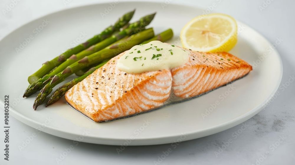 Grilled salmon with lemon butter sauce and asparagus. A close-up of a delicious grilled salmon fillet topped with lemon butter sauce and served with sauteed asparagus. Grilled salmon with lemon butter sauce and asparagus. A close-up of a delicious grilled salmon fillet topped with lemon butter sauce and served with sauteed asparagus.