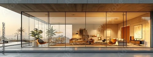 Morningtime city traffic scene with a contemporary interior featuring a stylish kitchen and living area, blending urban life and home comfort photo