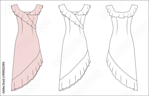womens girls flared neck dress sketch, ladies maxi lenght summer  dress mock up, womens dress vector front and back editable technical drawings