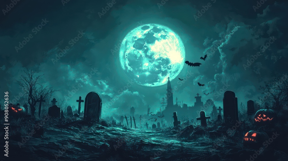 Haunted background with illustrations of pumpkins, a cemetery and bats, greetings and Halloween celebrations Haunted background with illustrations of pumpkins, a cemetery and bats, greetings and Halloween celebrations