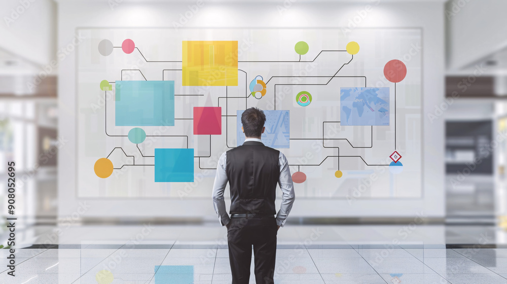 Businessman in front of a large flowchart with numerous choices and pathways in a contemporary office setting Businessman in front of a large flowchart with numerous choices and pathways in a contemporary office setting