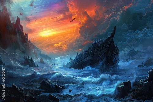 The image depicts a shipwreck in a stormy sea with a dramatic sky of fiery orange and deep blue clouds