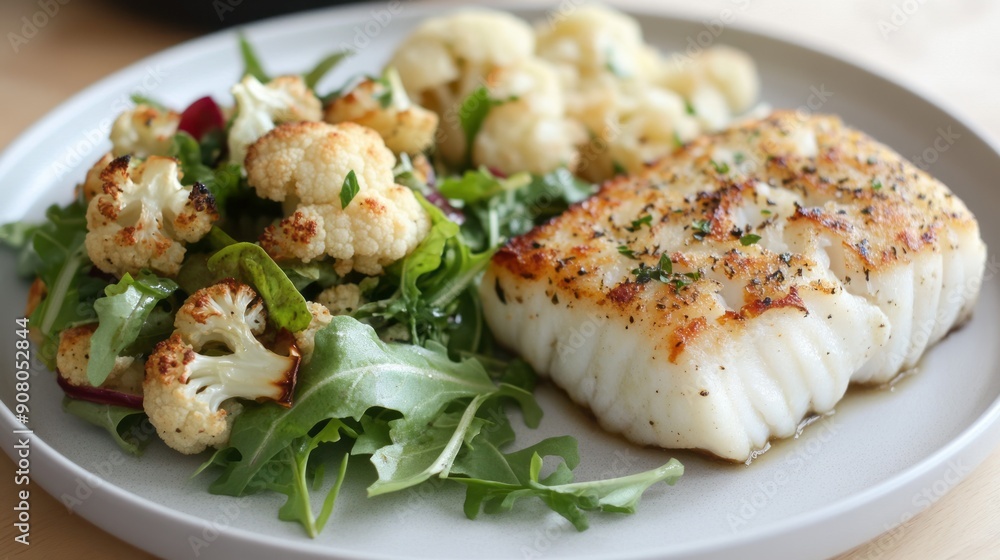 Pan seared fish with roasted cauliflower salad. Delicious and healthy pan-seared fish served with a side of roasted cauliflower salad. A flavorful and satisfying meal option. Pan seared fish with roasted cauliflower salad. Delicious and healthy pan-seared fish served with a side of roasted cauliflower salad. A flavorful and satisfying meal option.