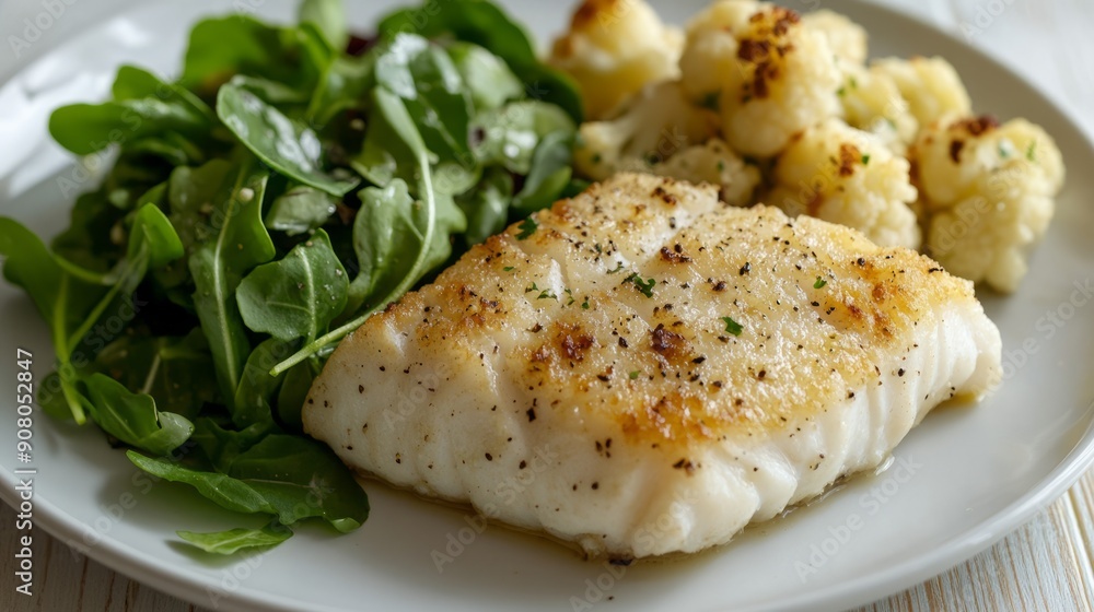 Pan-seared fish with cauliflower and greens. A healthy and delicious meal featuring pan-seared fish, roasted cauliflower, and a fresh green salad. Pan-seared fish with cauliflower and greens. A healthy and delicious meal featuring pan-seared fish, roasted cauliflower, and a fresh green salad.