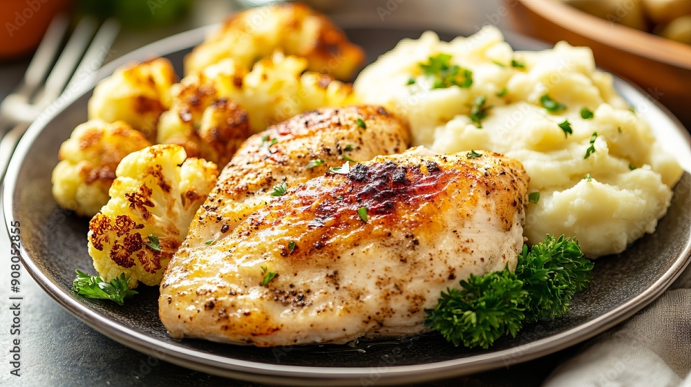 Roasted chicken breast with mashed potatoes and cauliflower. Delicious roasted chicken breast served with mashed potatoes and roasted cauliflower. A flavorful and easy meal perfect for any occasion. Roasted chicken breast with mashed potatoes and cauliflower. Delicious roasted chicken breast served with mashed potatoes and roasted cauliflower. A flavorful and easy meal perfect for any occasion.