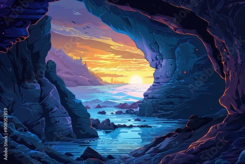 A picturesque view of a sunset over the ocean seen through a cave opening