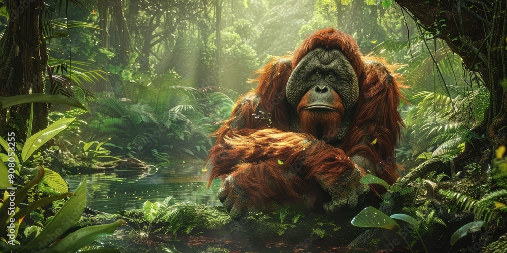 Obraz premium Orangutan Sitting in Lush Jungle
