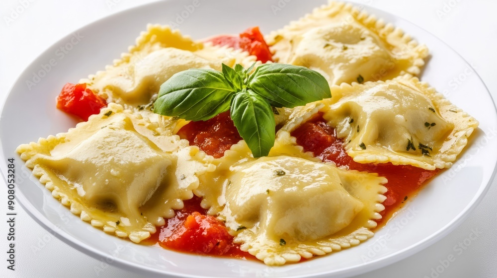 Delicious ravioli with tomato sauce and basil. A plate of homemade ravioli topped with a rich tomato sauce and fresh basil. Enjoy the flavors of Italy. Delicious ravioli with tomato sauce and basil. A plate of homemade ravioli topped with a rich tomato sauce and fresh basil. Enjoy the flavors of Italy.