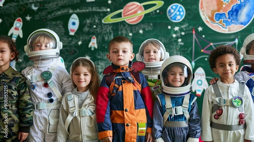A group of kids dressed as astronauts, wearing space suits and helmets, posing in front of a green chalkboard filled with space-themed illustrations