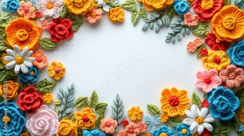 colorful flowers with leaves made of crochet, amigurumi on a white background
