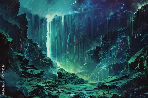 A digital illustration of a mystical canyon with a waterfall showcasing a vibrant surreal landscape