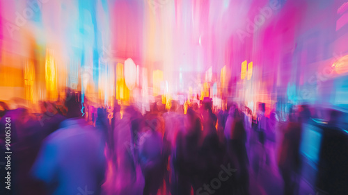 Abstract vibrant nightclub interior with colorful lights and blurred crowd creating a dreamy and energetic atmosphere