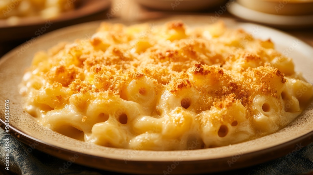 Creamy mac and cheese with crispy topping. Close-up of a dish of baked macaroni and cheese with a golden brown, crispy topping. Creamy mac and cheese with crispy topping. Close-up of a dish of baked macaroni and cheese with a golden brown, crispy topping.