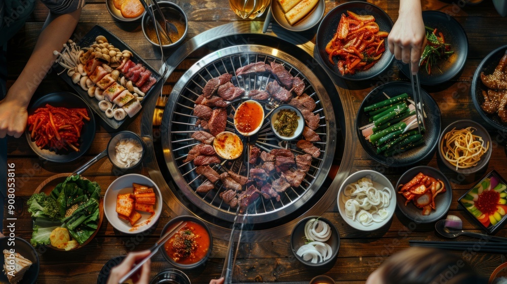 A vibrant Korean barbecue setup with a tabletop grill sizzling with marinated beef, pork, and vegetables. The table is surrounded by an array of colorful banchan (side dishes) A vibrant Korean barbecue setup with a tabletop grill sizzling with marinated beef, pork, and vegetables. The table is surrounded by an array of colorful banchan (side dishes)