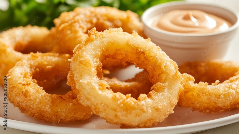 Crispy fried onion rings with dip. Close-up of golden brown fried onion rings, a classic appetizer, ready to be dipped in a creamy sauce. Crispy fried onion rings with dip. Close-up of golden brown fried onion rings, a classic appetizer, ready to be dipped in a creamy sauce.