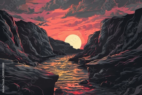 A fiery sunset illuminates a narrow canyon its walls rising high above a sparkling river