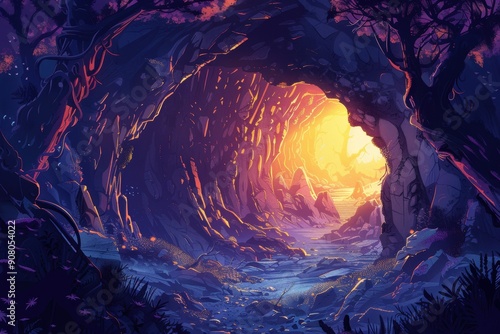 A mystical cave entrance bathed in warm light with a view of a path leading to a hidden world