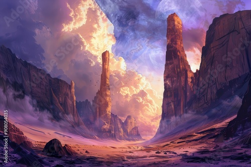 A Desert Valley Under a Purple Sky With Tall Rock Formations and a Distant Planet