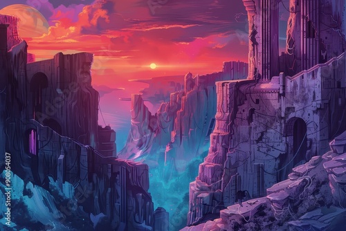 The image depicts a desolate ruined city set against a vibrant crimson sunset