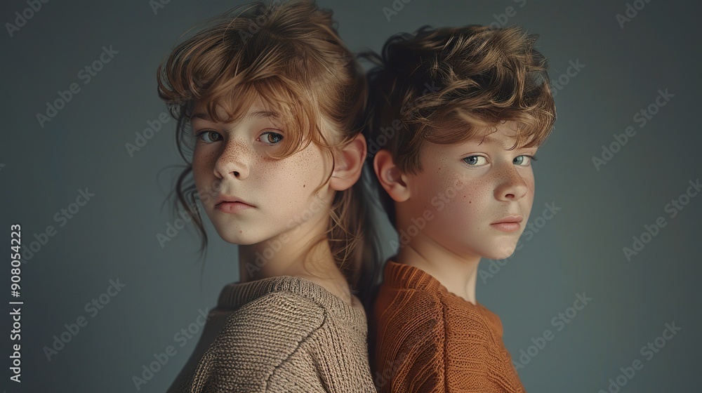 A pair of siblings posing back-to-back with playful expressions. A pair of siblings posing back-to-back with playful expressions.