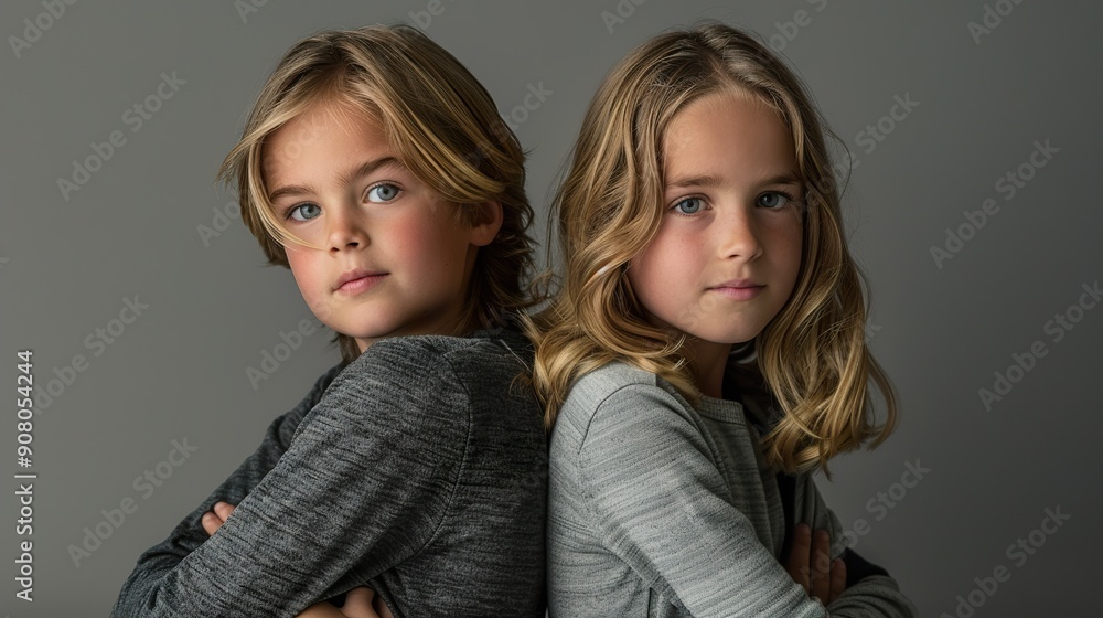 A pair of siblings posing back-to-back with playful expressions. A pair of siblings posing back-to-back with playful expressions.
