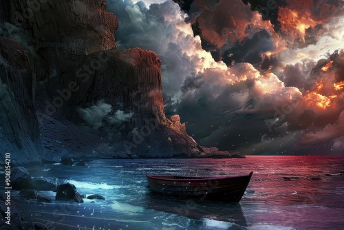 A solitary boat rests on a crimson sea with dramatic cliffs and a stormfilled sky above