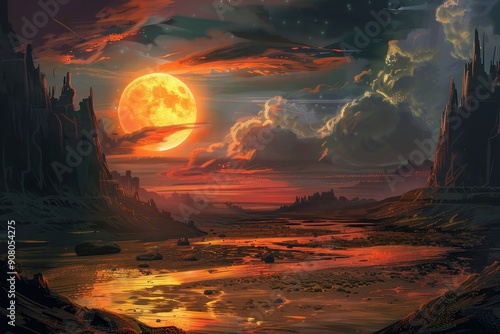 A crimson moon shines over a desolate landscape casting an ethereal glow on the rocky terrain