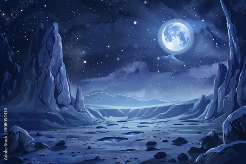 A serene and mystical nighttime landscape with a full moon and starry sky over a rocky terrain