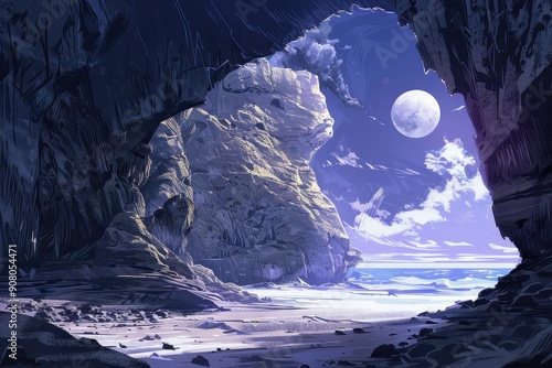 A View From Within a Cave the Moon Casting Its Glow on a Serene Beach