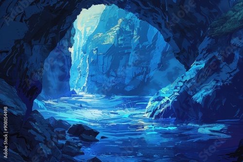 A digital painting depicting a cave entrance revealing a mystical blue waterway