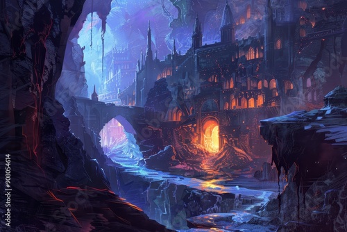 A fantastical landscape depicting a glowing city rising from a crumbling canyon