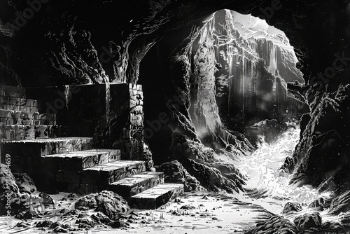 A dark cave entrance with steps leading to a snowy mountain pass