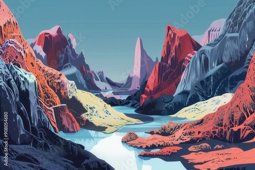 A digital illustration depicting a river winding through a colorful mountain range