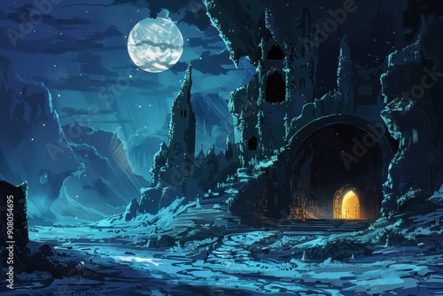 A mysterious stone archway lit by a full moon in a fantasy landscape