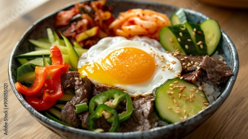 A traditional Korean bibimbap bowl, beautifully arranged with a variety of vegetables, marinated beef, and a perfectly cooked sunny-side-up egg on a bed of warm rice.