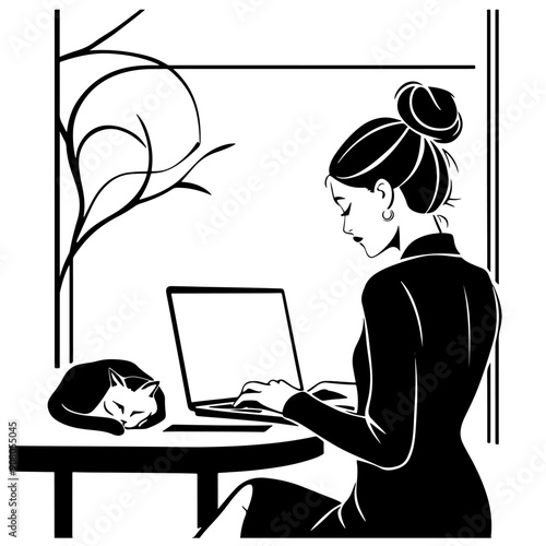 A young woman is working at her computer, with a cat sleeping on her desk. Vector silhouette monochrome illustration about freelancing and remote work