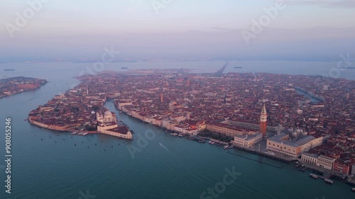 Stunning Aerial View of the Iconic Islands of Venice as the Dusk Light Begins to Set in