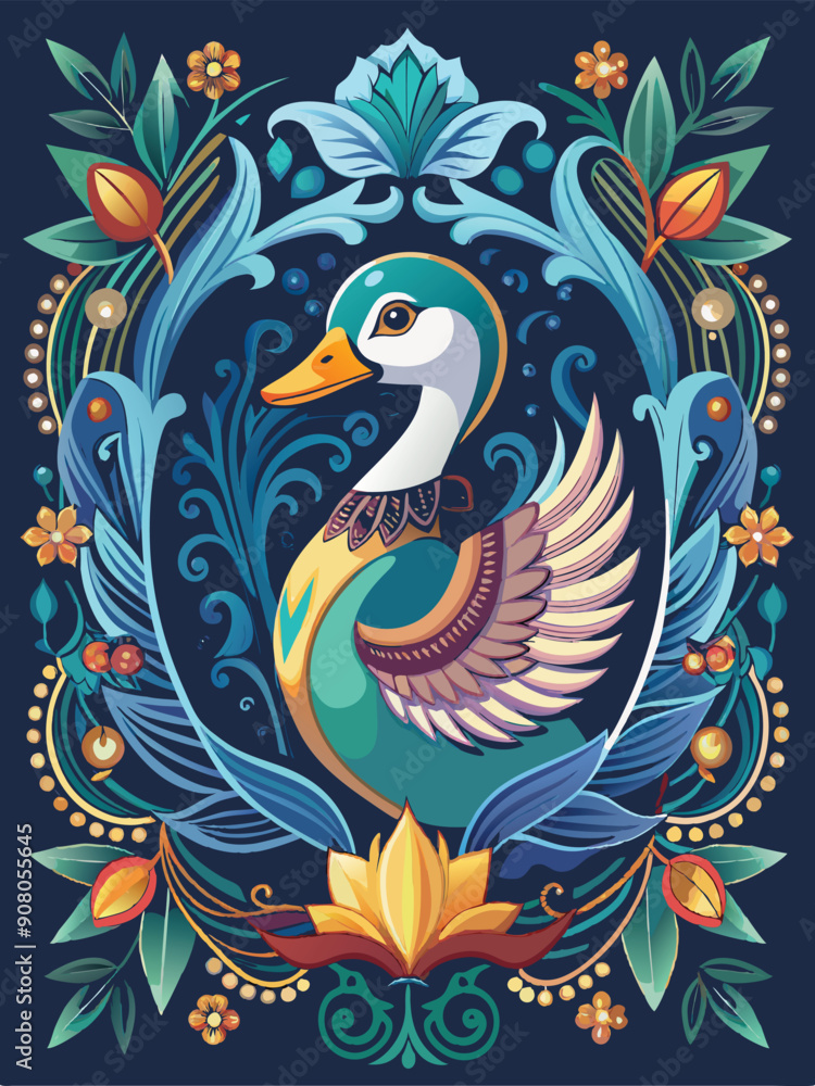 Fototapeta premium Ornate Floral Frame with a Duck in the Center