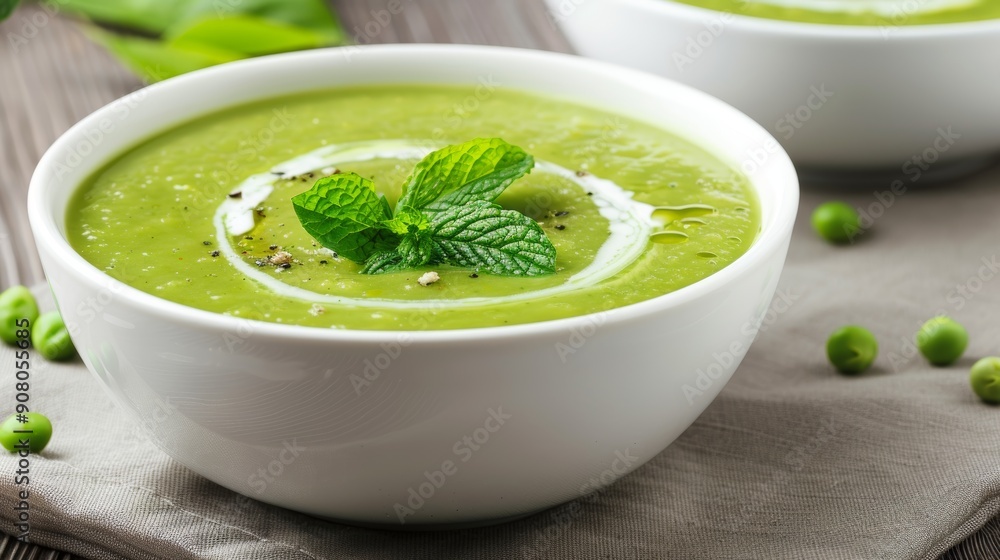 A bowl of creamy green pea soup garnished with fresh mint leaves, perfect for a healthy meal. Served in a white bowl on a wooden table. A bowl of creamy green pea soup garnished with fresh mint leaves, perfect for a healthy meal. Served in a white bowl on a wooden table.
